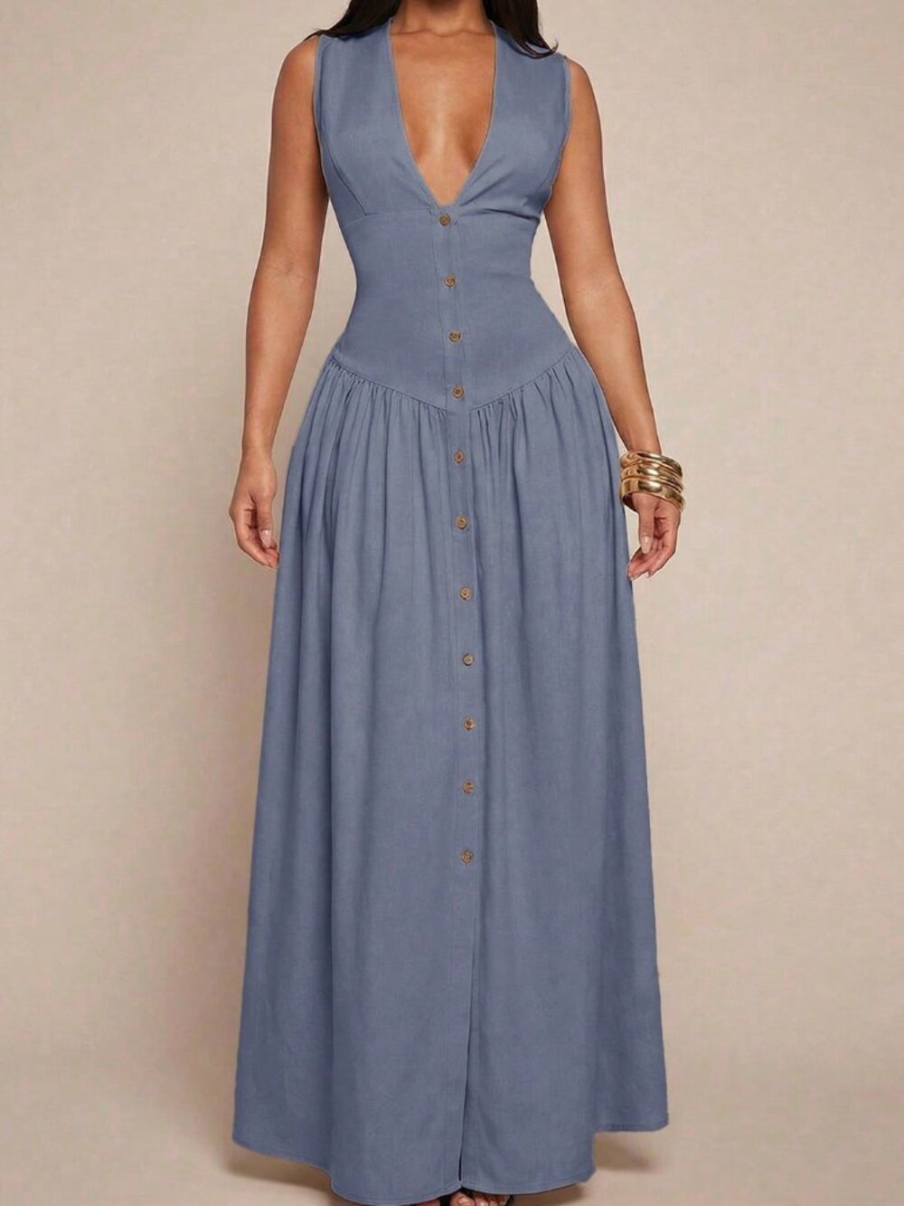 Blue Elegant Women's V-Neck Sleeveless Waist Cinched Button Front Shirt Dress - Picture 3 of 6